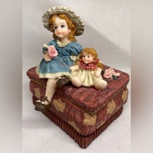 Trinket Box W/Little Girl and Doll 4” x 2 1/2”
